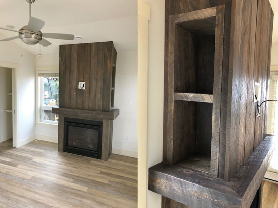 Fireplace in living room, new cottages for Whitepoint Beach Resort